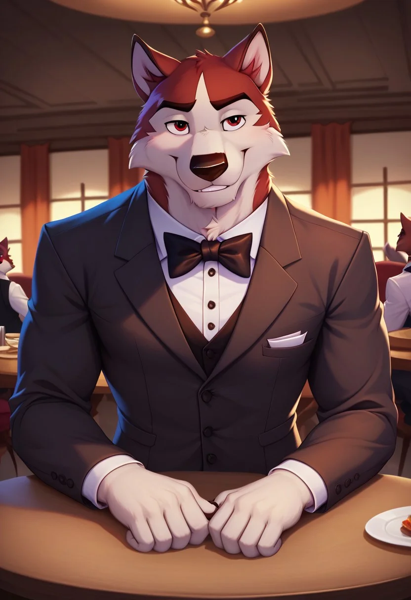 score_9, score_8_up, score_7_up, Kodiak, husky, anthro, solo, 1boy, best quality, hi res, perfect eyes, eyes focus, dark brownish-red eyes, muscular, smile, tuxedo, formal wear, sitting at table, restaurant background, detailed background, Expressive