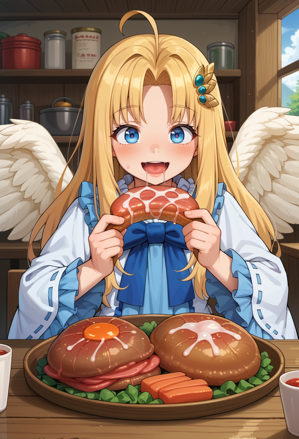 score_9, score_7_up, source_anime,  <lora:AEFiloPony:0.8> BREAK 
AEFiloDef, blue eyes, blonde hair, long hair, parted bangs, ahoge, white wings, feathered wings, hair ornament, white dress, blue bowtie, frilled dress, frilled sleeves, long sleeves, wide sleeves, 
petite, saliva trail, smile, +_+, boned meat, table, indoors, holding meat, saliva drip,