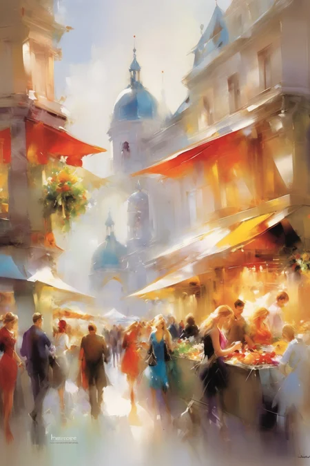 <lora:Willem Haenraets Style:1>Willem Haenraets Style - Bustling European marketplace filled with vibrant stalls, lively vendors, and bustling shoppers. A kaleidoscope of colors brings the scene to life in Haenraets' signature style.