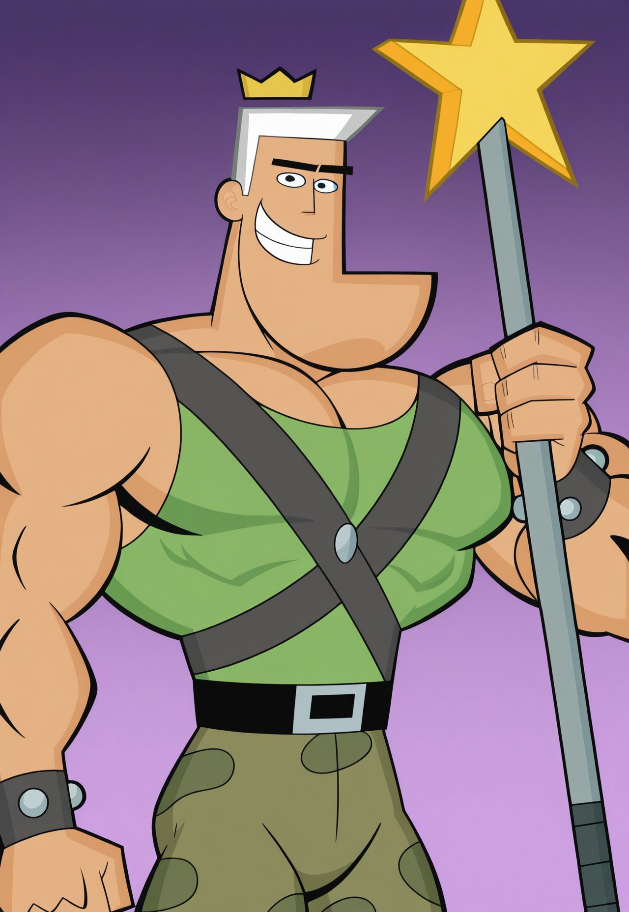 solo, masterpiece, modern, new, 1boy, male, masculine face, daddy looking face,

FOPJorgen, white hair, crown, muscular male, tank top, bracelet, star wand, looking at viewer, smiling, camouflage, pants