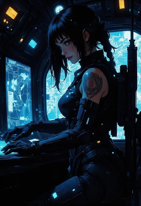 In the style of ff-td, nistyle, Silhouette Art, magnificent, inksplash, crisp lines, closeup portrait of stunning sci-fi space marine, flight deck, spaceship control room, beautiful girl, breasts, curvy, looking at viewer, holographic displays, leaning against table, sniper rifle on back, smirk, holographic map table, dark braided hair, backwards hat, spartan armor, halo game, black armor, blue highlights on armor, chest armor, sci-fi armor, sleeveless, arm sleeve tattoos, muscle tone, dogtags, armored legs, sweaty, directional lighting, dark background, blue lights, foreshortening, depth of field,
Closeup, detailed face, freckles,