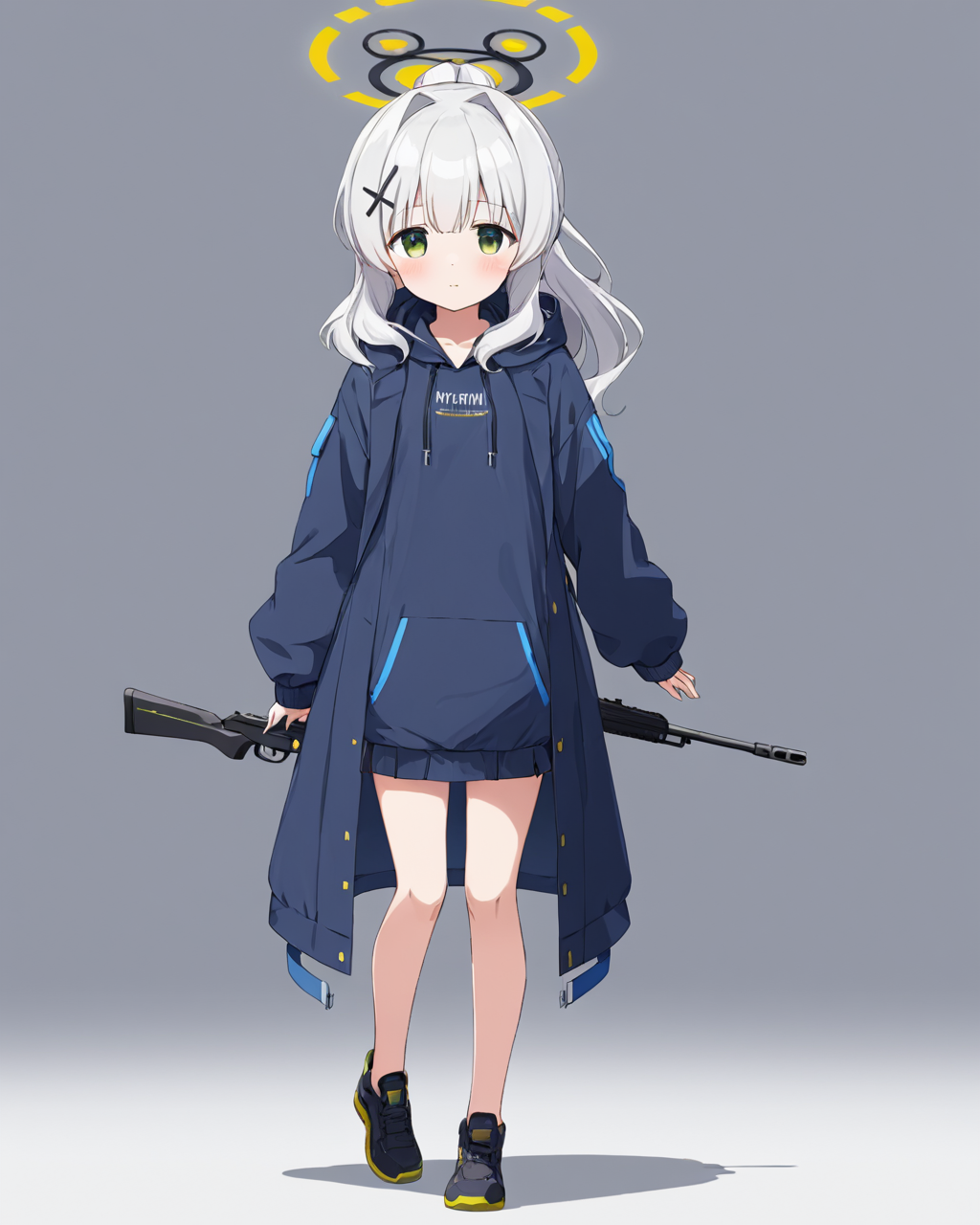 hare \(blue archive\),1girl, halo, solo, white_background, simple_background, full_body, hoodie, ponytail, hair_ornament, rifle, long_sleeves, black_footwear, blush, jacket, hood_down, coat, looking_at_viewer, open_clothes
<lora:hare_(blue_archive)_image423_2023-11-26:1>halo. gorgeous,key visual, vibrant, studio anime,award-winning, professional, highly detailed,high budget, cinemascope