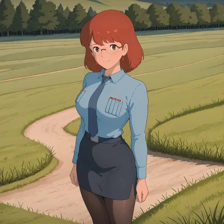 <lora:NotVotW_NausicaaXLIllustrious022>,
masterpiece,best quality,good quality,newest,
outdoors,detailed background,grassland,nature,
smile,
looking at viewer,
solo,
VWNausicaa,1girl,brown hair,medium hair,brown eyes,
breasts,
standing,
business_suit,pencil_skirt,necktie,eyewear,black_pantyhose,office_lady,
