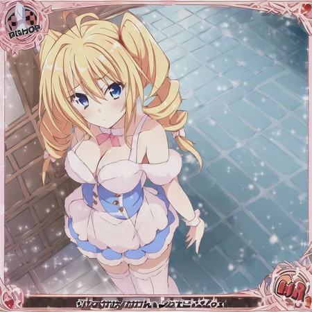 1girl, medium breasts, blonde hair, ahoge, blue eyes,drill hair, red hair tie, twin drills,hair intakes, hair between eyes, shiny hair, short twintails, sidelocks, hair ornament, <lora:ravelPhenexDxd_ravelPhenex:1>, princess dress, braid, classroom, hallway