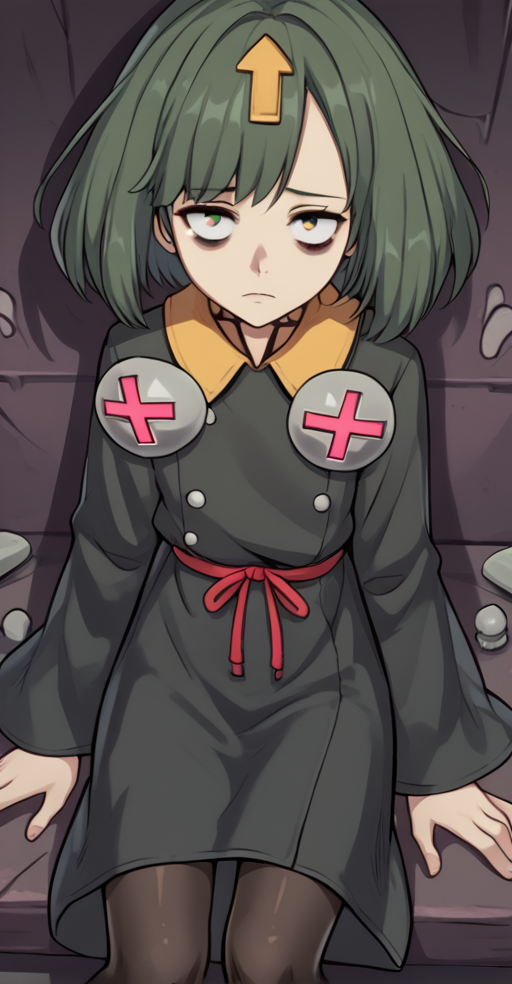 score_9, 1girl, solo, sitting, pantyhose, short hair, bob cut, closed mouth, bangs, green hair, looking at viewer, bags under eyes, <lora:Delilah_guilty_gear:1>