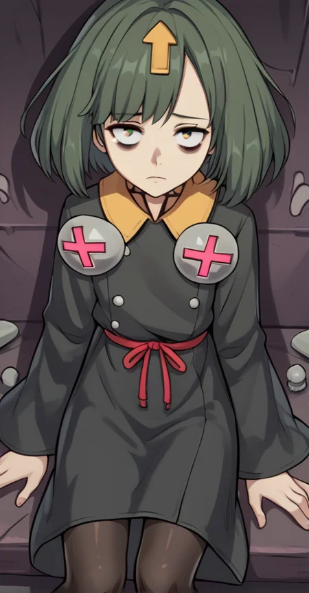 score_9, 1girl, solo, sitting, pantyhose, short hair, bob cut, closed mouth, bangs, green hair, looking at viewer, bags under eyes, <lora:Delilah_guilty_gear:1>