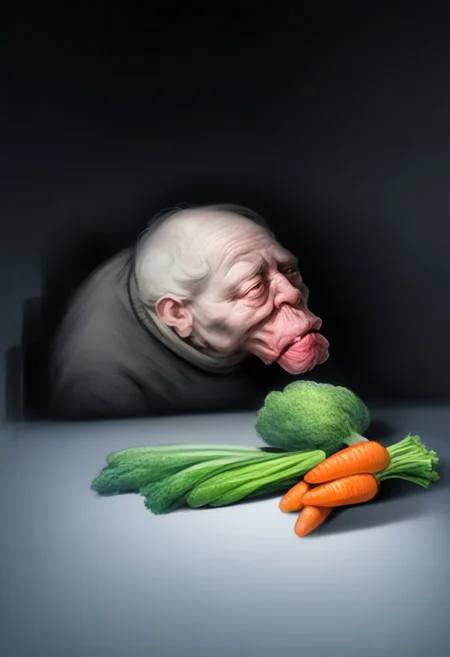 amateur sketch of an ordinary ugly organism with rigid seriousness, vegetables and linear reality, common nonfiction interior, plain realism style non-art, somewhat colorless, minimalism, blurry, crude generality, flawed arrangement, Muted colorless, amateur work, boring foreground,