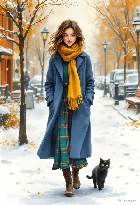 A watercolor and pencil sketch depicts a woman walking in a snowy, serene setting. She dons a long blue coat, a plaid green-red skirt, and a yellow scarf, while her wavy brown hair contributes to her casual and introspective demeanor. A small black cat strolls beside her, infusing the scene with friendliness and charm. The foggy autumn-orange city backdrop features houses, trees, and benches. The artist's expert shading imbues the face with texture and character, resulting in a striking and expressive portrait.