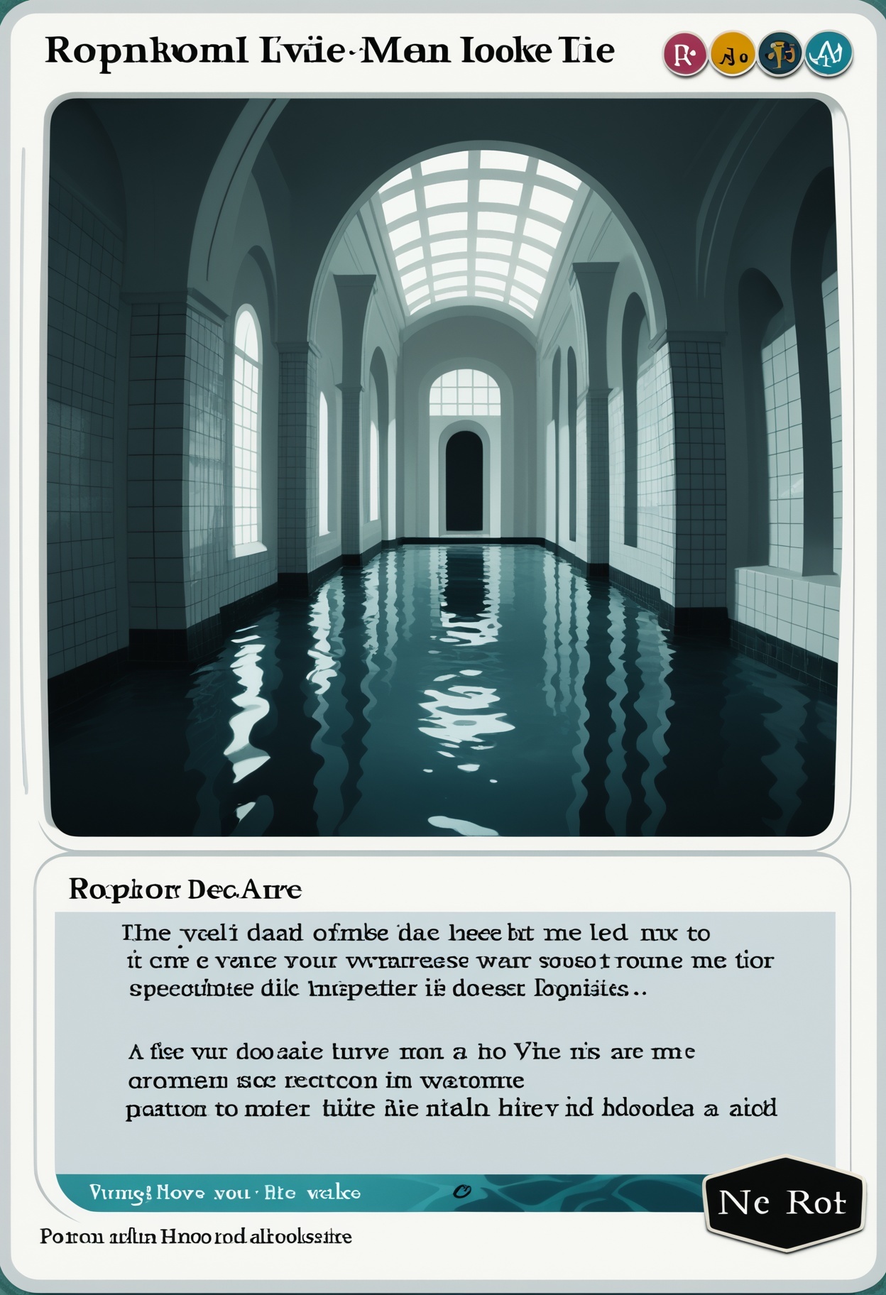 c4rd,english text,character name,
poolrooms, 3d, no humans, indoors, scenery, water, tile floor, tile wall, 
,score_9,score_8_up,score_7_up, source_anime,
 <lora:MTG_card_v2:1> <lora:background_liminalspaces_ponyXL:1>