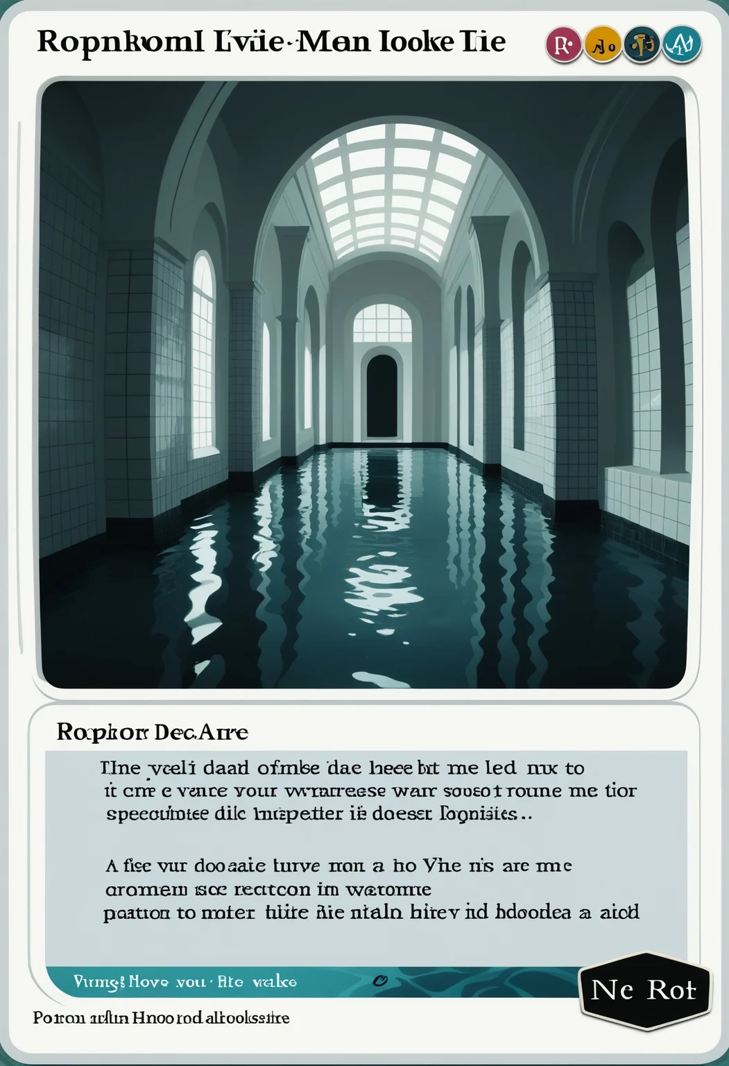 c4rd,english text,character name,
poolrooms, 3d, no humans, indoors, scenery, water, tile floor, tile wall,
,score_9,score_8_up,score_7_up, source_anime,
<lora:MTG_card_v2:1> <lora:background_liminalspaces_ponyXL:1>