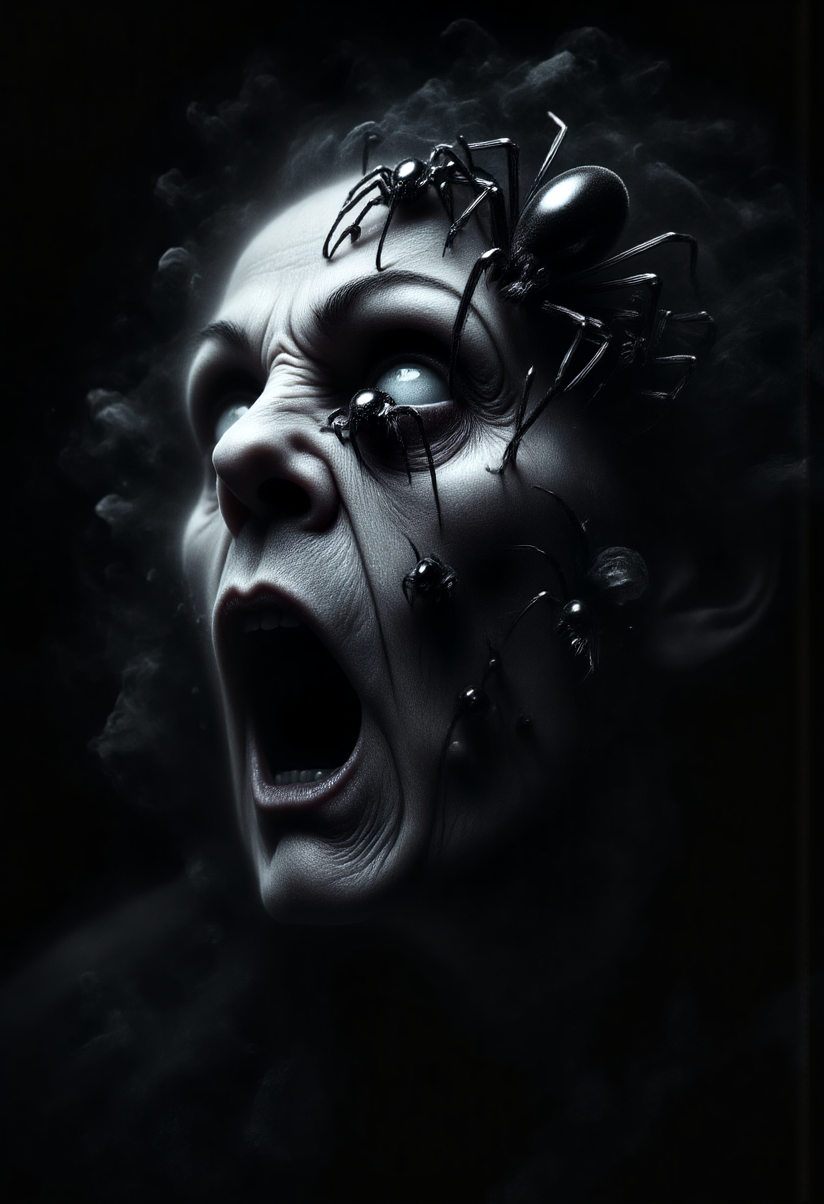 An eerily dark and disturbing scene of a mysterious old woman with three black huge, hyper-realistic spiders crawling across her face. A spider occupies each of his white eyes, its intricate legs delicately gripping his skin, while the third spider perches ominously over his open mouth, its sharp details and shiny texture vividly depicted. The dim lighting casts eerie shadows, highlighting the tension of the moment, as his expression oscillates between fear and unearthly calm.

aidmaMJ6.1
vantablack
