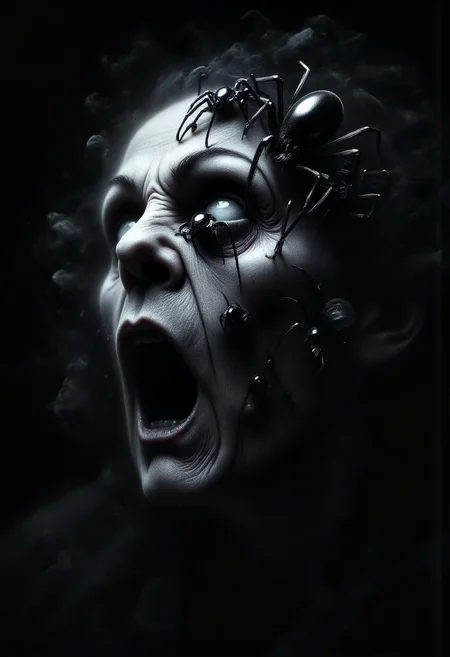 An eerily dark and disturbing scene of a mysterious old woman with three black huge, hyper-realistic spiders crawling across her face. A spider occupies each of his white eyes, its intricate legs delicately gripping his skin, while the third spider perches ominously over his open mouth, its sharp details and shiny texture vividly depicted. The dim lighting casts eerie shadows, highlighting the tension of the moment, as his expression oscillates between fear and unearthly calm.
aidmaMJ6.1
vantablack
