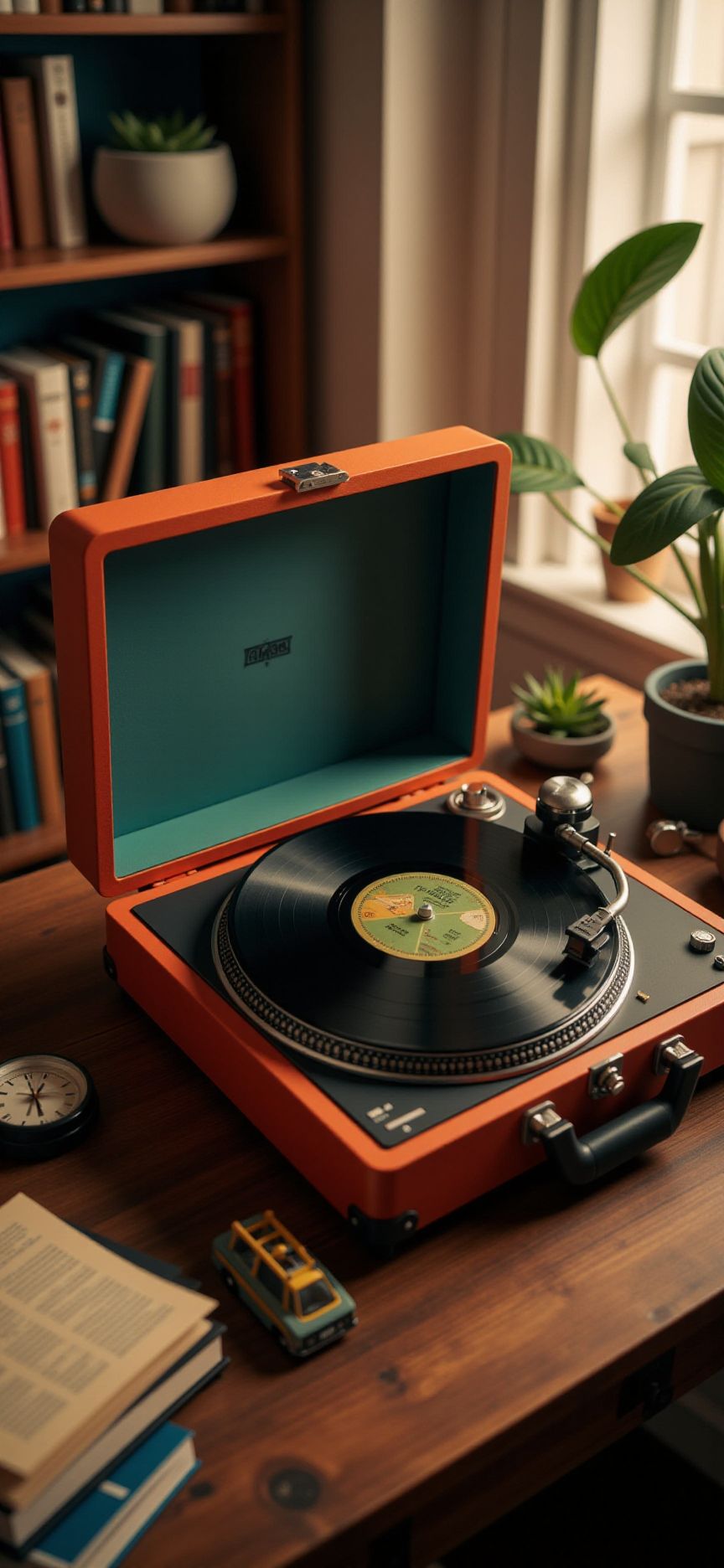 (indoors,indoor,isometric view,side view,tilt-shift lens:2), (in the style of ck-sfc,fna_style,fna_style,a scene from a pop-up,card letter:2), (briefcase style turntable :1.5),(opened briefcase style turntable with vinyl record and A truck is top side of vinyl record:2) (on desk at study:4) <lora:Fantasy_Novel_Art_Style:1><lora:ck-plastic-models:1> <lora:Pop-up_Book_Papercraft_Plotter_FLUX:1>