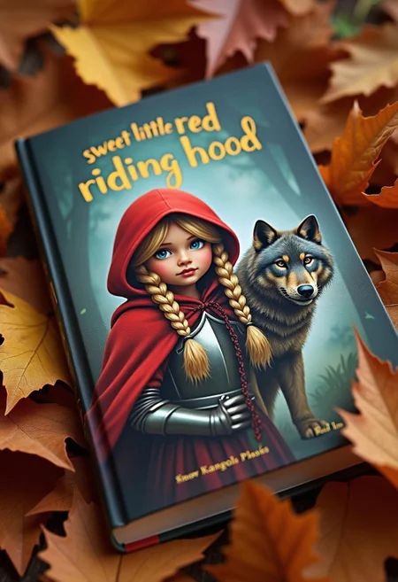 The book is lying on autumn leaves, close-up. The cover of the book depicts an adult Red Riding Hood in knight's armor, a red hood pulled down to the eyes, golden hair braided in two large braids. Behind her, grandma stole a gray wolf and carries it on her shoulder.
The inscription on the book in gold letters reads: "sweet little red riding hood."