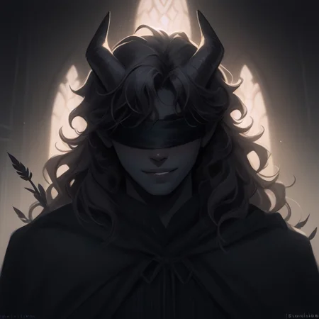 Score_9, Score_8_up, Score_7_up, (masterpiece), best quality, blindfolded, perfect face, perfect anatomy, portrait, Tiefling, pointed ears, horns, short horns, tail, tail up, black skin, handsome young man, young adult, slim, black hair, wavy hair, wavy, volumize hair, semi long hair length, black clothing, sorcerer cloak, romantic perspective, smiling, nervous, beautiful perspective. sorcerer robes, indoors of a magical tavern, warm lighting in the background, soft lighting, crow feathers falling in the background, shoulder length hair, short hairstyle