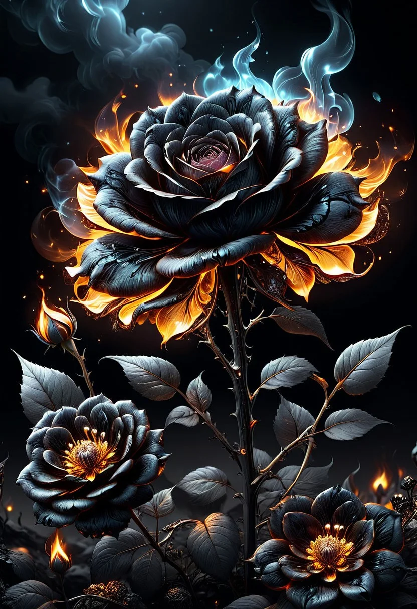 cinematic photo breathtaking hyperrealistic art A digital illustration combining elements of two images: a scene of black, charred roses with faetastic Glowing embers amidst a dark, ash-covered ral-oilspill ground, and an shiny intricate fractal design resembling a ral-polishedsteel golden flower with complex patterns and details. The composition blends the dark, burnt elements with the bright, glossy elegant fractal flower, creating a dramatic and surreal visual effect with high contrast and day-glo details. <lora:FaeTastic:0.3> <lora:ral-polishedsteel:0.2> <lora:ral-oilspill:0.2> . extremely high-resolution details, photographic, realism pushed to extreme, fine texture, incredibly lifelike . award-winning, professional, highly detailed . 35mm photograph, film, bokeh, professional, 4k, highly detailed