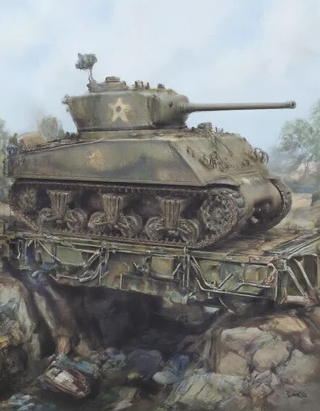 oil painting of battle field, tank passing over a bridge, the European landscape of 1944, the weight of steel is carefully depicted. <lora:bailey-bridge:0.8> bailey bridge, <lora:m4a3-76:0.8>m4a3-76, <lora:FLUX.1-Turbo-Alpha:1>