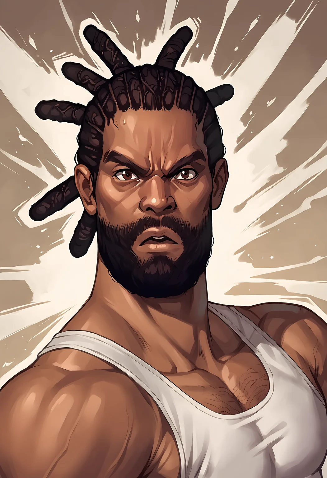 score_9, score_8up, score_7up, score_6up, score_5up, score_4up, absurdres, highly detailed, realistic, dutch angle, dynamic angle, abstract background, source_cartoon, rating_safe, BREAK
solo, mature male, vf_jeffry, dark-skinned male, black hair, brown eyes, beard, facial hair, dreadlocks, white tank top, upper body focus, BREAK
<lora:Jeffry_McWild_-_Virtua_Fighter_-_PDXL:1>