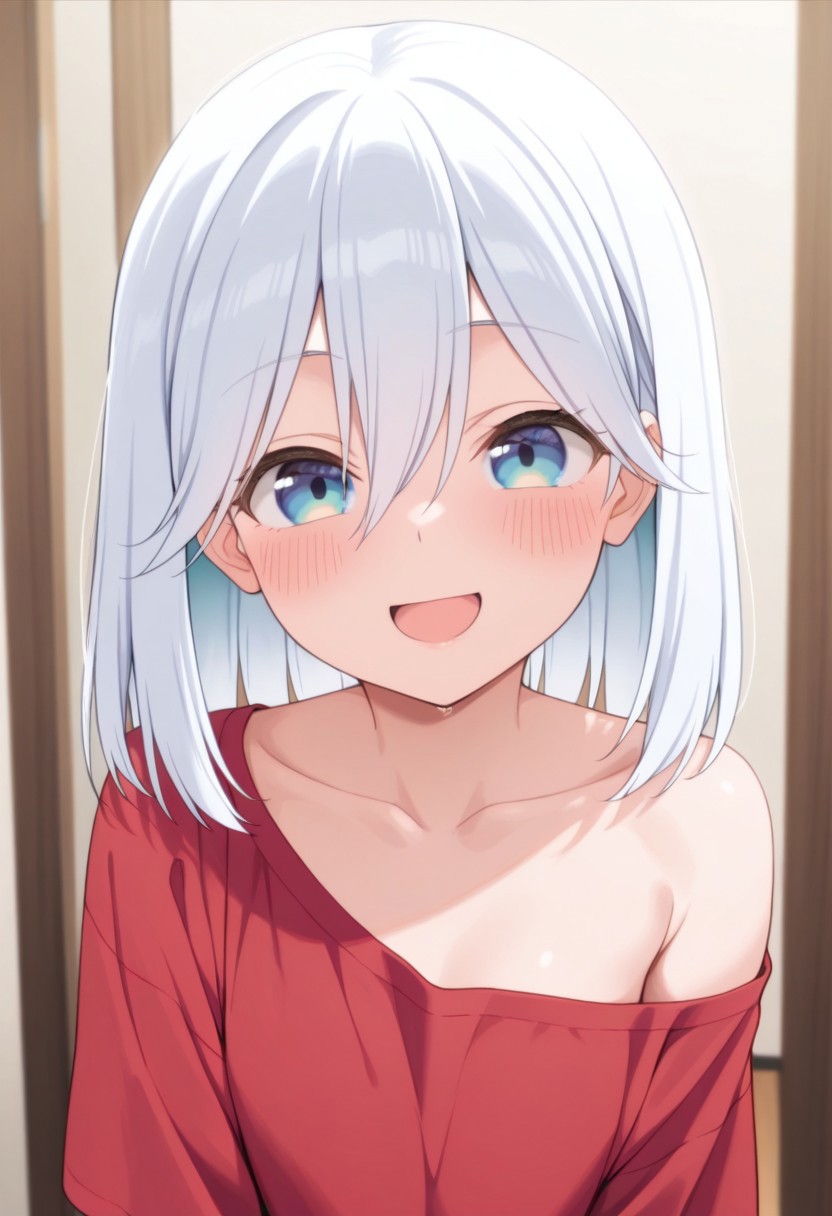 masterpiece,best quality,amazing quality, amagami asahi, blue-white hair, blue eyes, 1girl, solo, smile, looking at viewer, blush, open mouth, off shoulder, upper body, red shirt, :d, shirt, collarbone, medium hair, hair between eyes