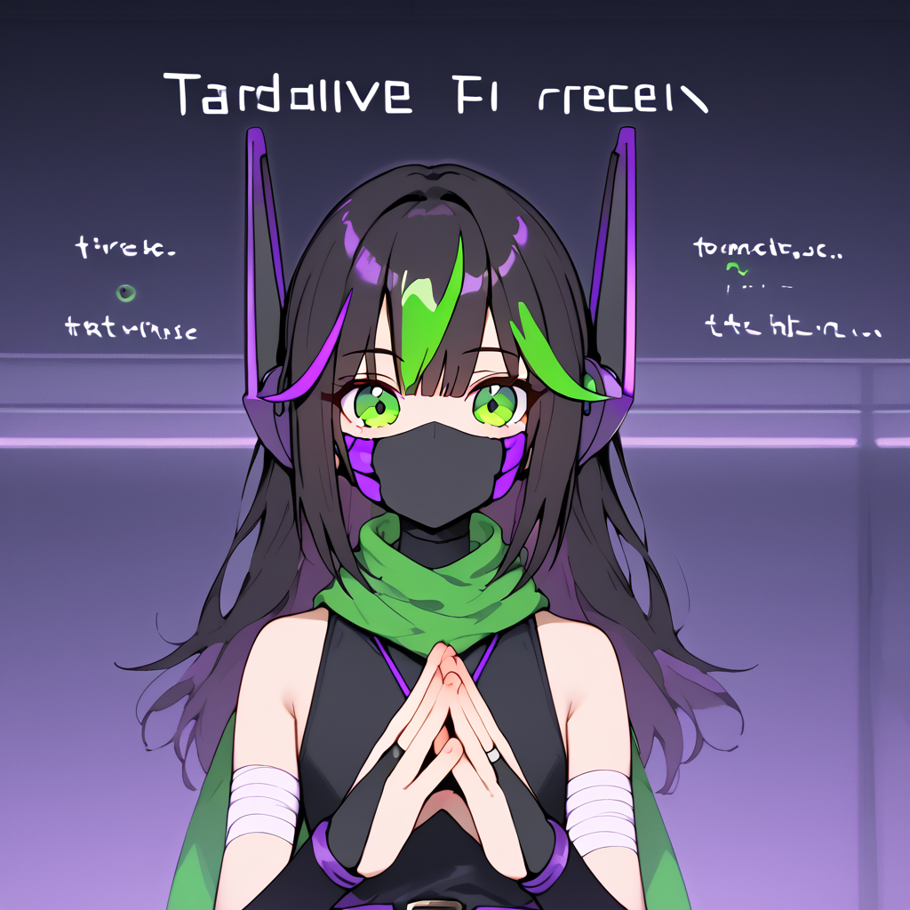 <lora:pixgkb:1> solo, p1x, streaked hair, black hair, green eyes, mouth mask, green pelvic curtain, two-tone pants, brown scarf, sleeveless black shirt, purple belt, purple jewelry, black bridal gauntlets, robot ears, bandaged legs, black shoes,
 <lora:TradeOfferMeme_XLPD:0.8> TradeOfferMeme, own hands together, upper body
