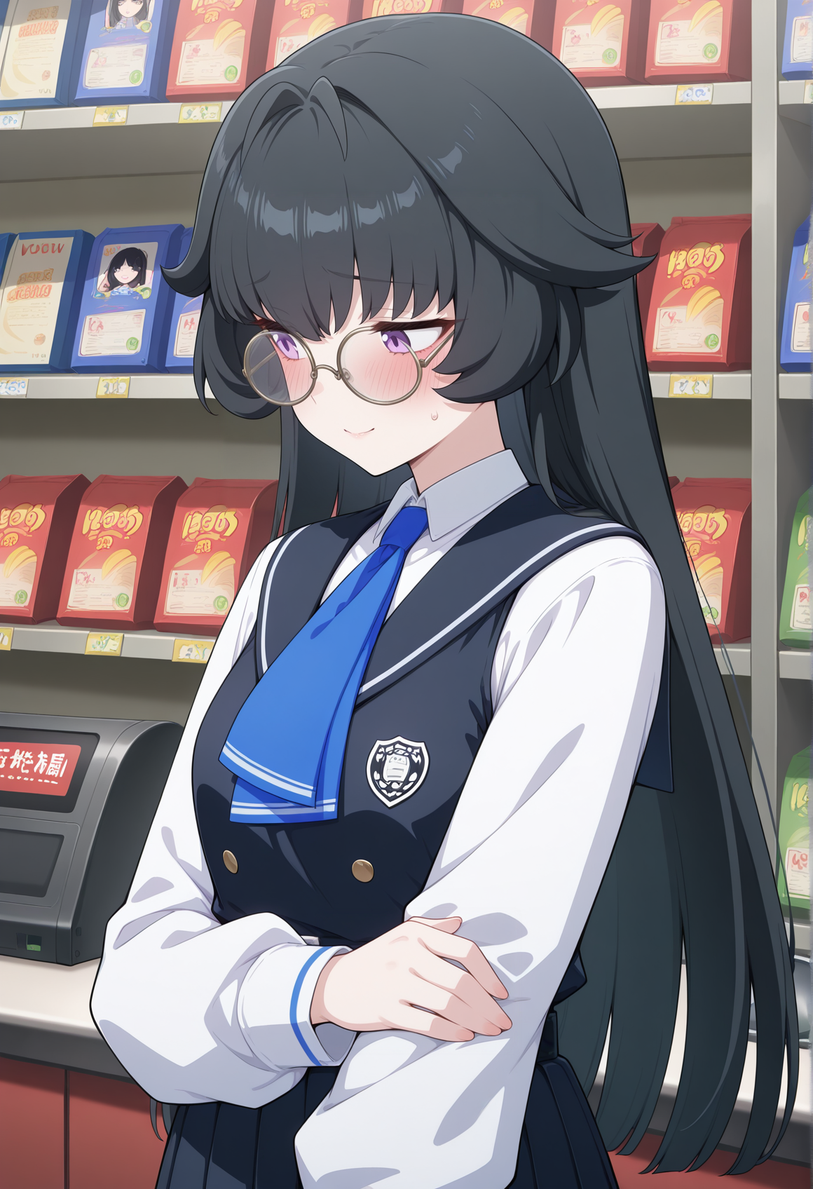 1girl,  long hair, black hair, purple eyes, glasses, round eyewear, school uniform, vest, ascot, belt, pleated skirt, upper body, standing, indoors, convenience store, counter, blush, holding dvd, looking to the side, nervous smile, holding own arm  <lora:ellens_friends:1>, masterpiece, best quality, amazing quality, very aesthetic, absurdres, highres, newest