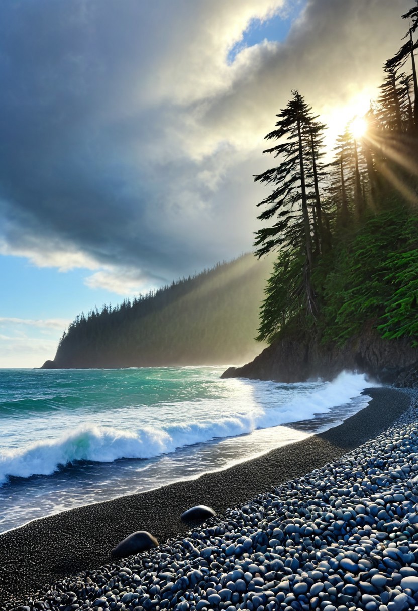 a photograph of a beach on the Pacific northwest coast, rocky pebble beach, a large looming evergreen cedar Forrest looming, the ocean is vibrant and crashing, deep vivid blues and greens, the sky is grey and clouds are heavy the sun is radiating however cutting through a break in the thick looming storm clouds, epic, realism, photo-realism, highest quailty, highest detail, professional, landscape, nature