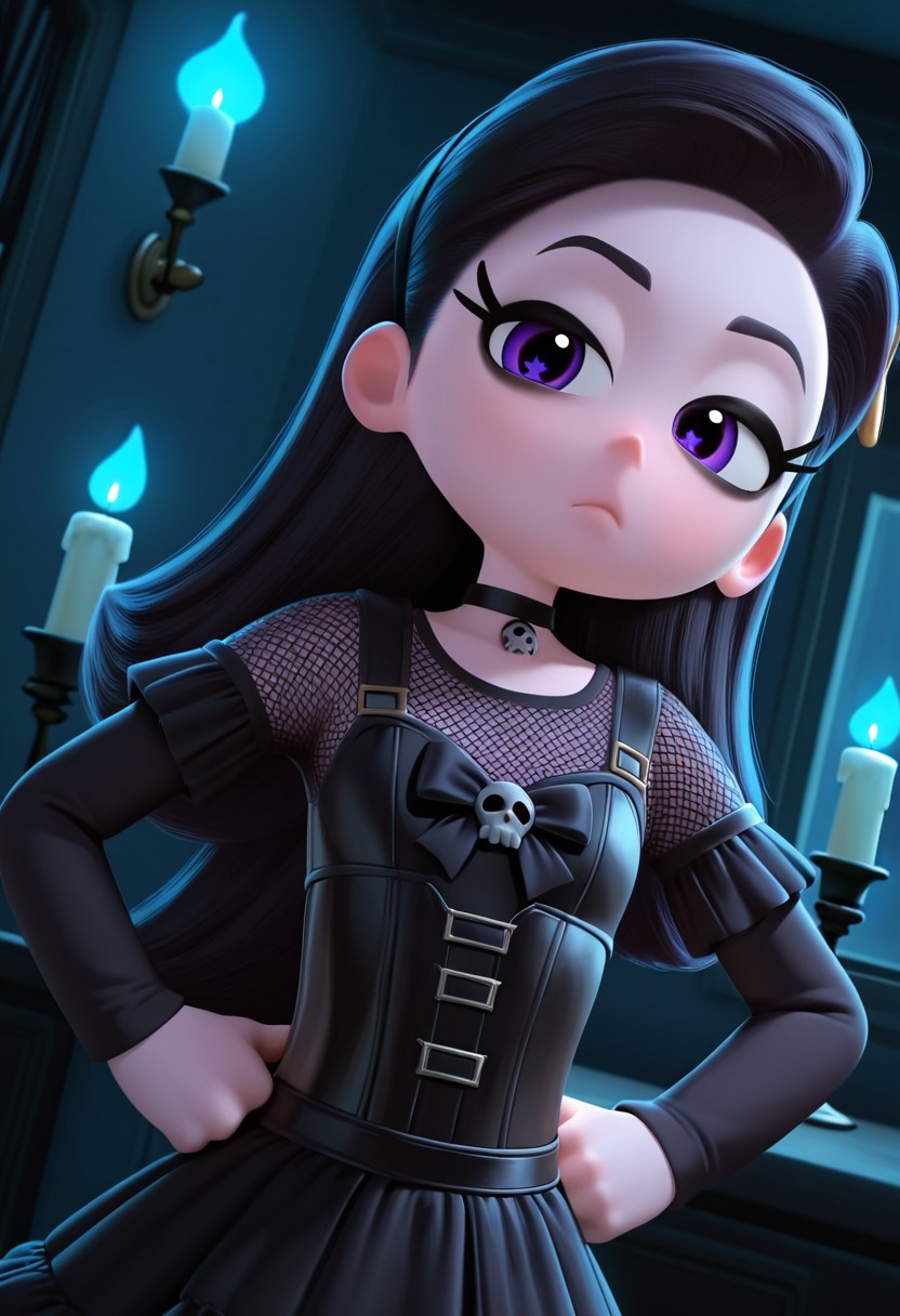 Purple_Star, 1girl, solo, Goth girl, black bow, black headband, black  eyeshadow, black makeup, black, black_hair, Pale white skin, Choker, black leather corset top, Mesh shirt, black long-sleeve Top, black ruffle Skirt, black knee-high Boots,  (Bored,dutch angle, Hands on hips,naughty pose, looking at viewer, indoors, Dark room, candle, blue light, skull, dynamic pose, upper body, head tilt,),