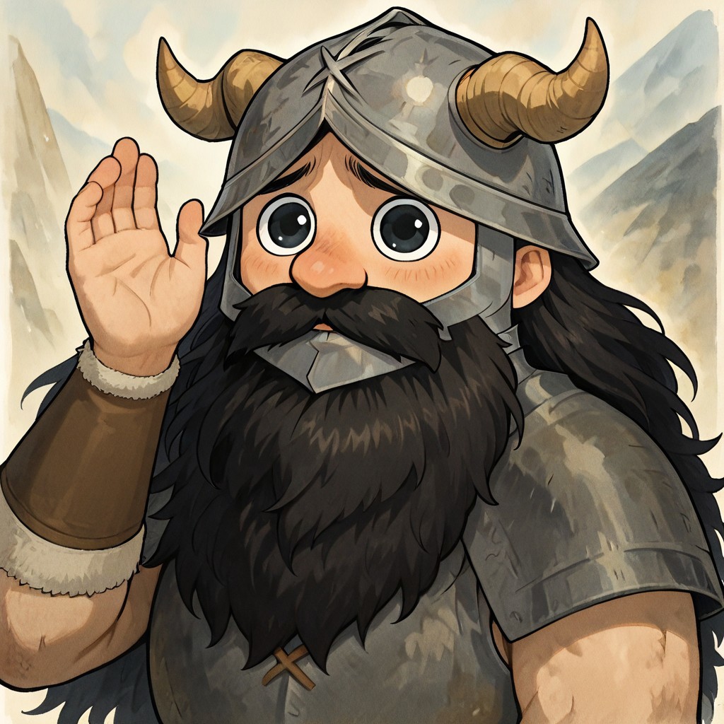 masterpiece, best quality, newest, absurdres, highres, P/PEV1.0, pleading eyes, 1boy, Senshi \(dungeon_meshi\), dwarf, helmet, horns, horned helmet, fake horns, beard, black eyes, black hair,