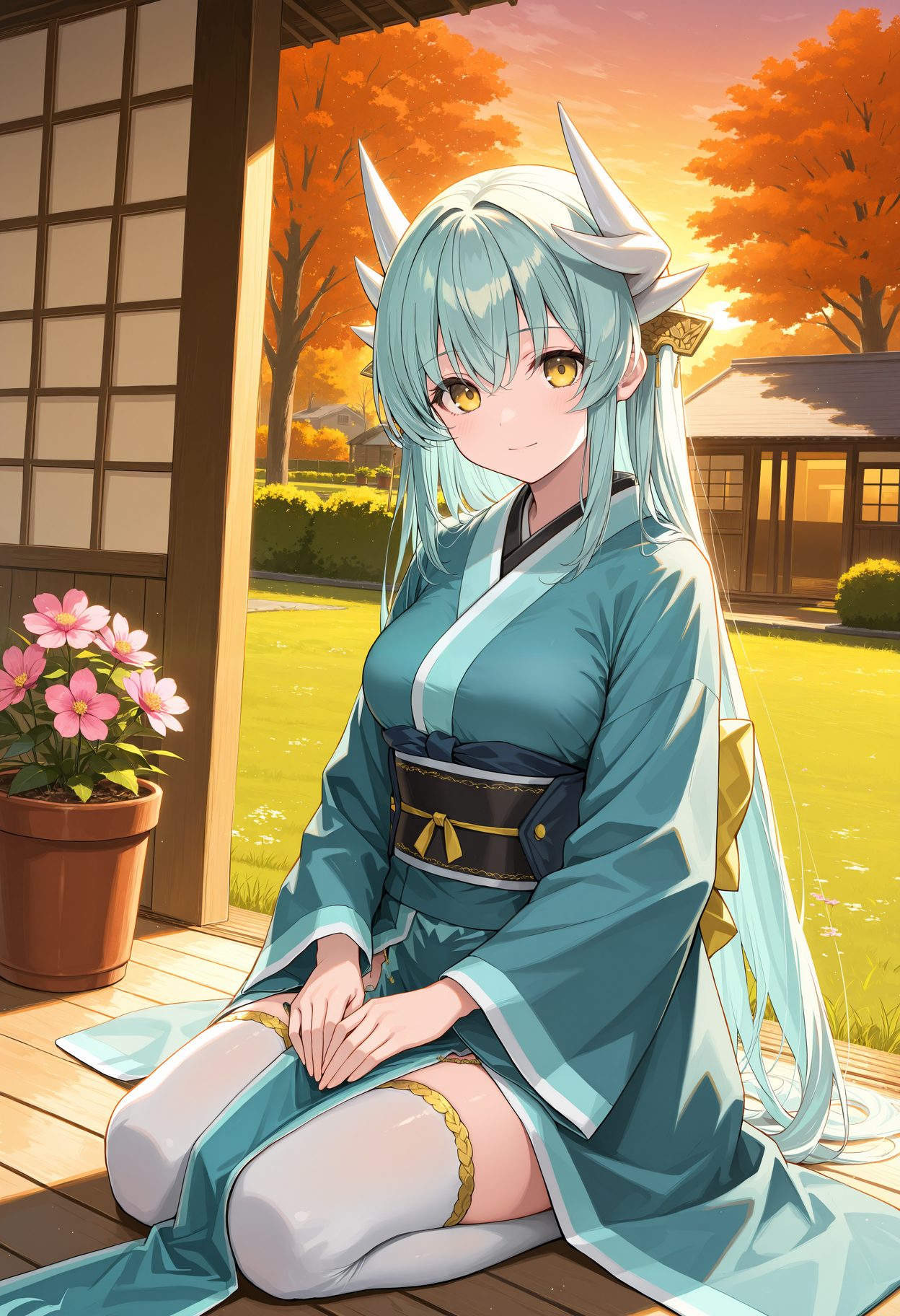 masterpiece, best quality, 1girl, solo, aakiyo, long hair, aqua hair, white horns, medium breasts, outdoors, garden, sunset, bush, autumn, autumn leaves, seiza, sitting, full body, yellow eyes, hair ornament, green kimono, long sleeves, wide sleeves, sash, obi, pelvic curtain, white thighhighs, grass, flower, pink flower, house, porch, dutch angle, flower pot, looking at viewer, hands on lap, light smile, closed mouth