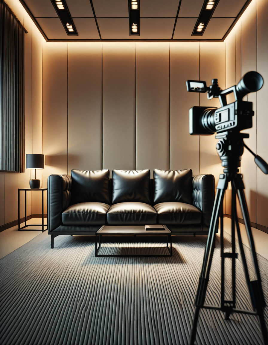 A high-quality, realistic photograph of a modern casting office interior featuring a simple black leather couch positioned against a plain white wall. The couch is sleek, clean, and minimalist in design, with smooth cushions and subtle stitching details. In front of the couch is a small, low wooden coffee table with a few neatly stacked magazines and a glass of water. To the side, there's a professional camera on a tripod aimed at the couch, with softbox lights set up to provide balanced, diffused lighting, eliminating harsh shadows. The floor is covered with light gray carpet, adding a soft texture to the scene. The atmosphere is quiet and neutral, resembling a professional interview space. The overall composition is centered and symmetrical, with a clear focus on the furniture and equipment. No people are present. The photograph has a natural daylight tone coming from an unseen window, giving a soft, ambient glow to the room.
<lora:SDXLFaeTastic2400:0.4> <lora:extremely_detailed:0.4> extremely detailed, <lora:C4st1ng_c0uch-i:1>,C4st1ng c0uch, Masterpiece,best quality,hi res,8k,hi res,8k,award winning,(sharp focus, intricate, highly detailed),