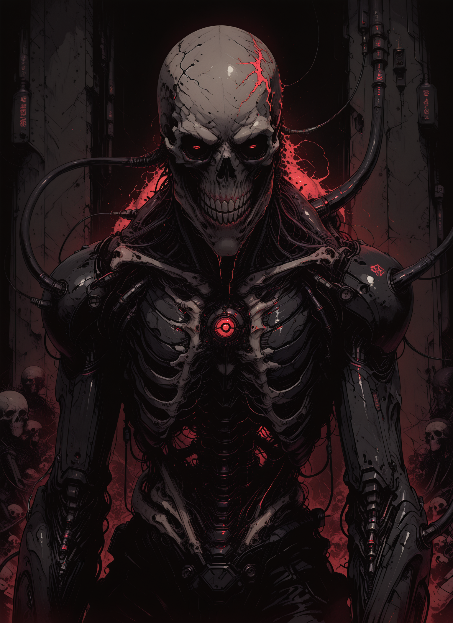 masterpiece, best quality, amazing quality, re4lity_sync_illu, Sinozick_illu, LeIsT0_illu, mech_horror_entity,

mech_horror_entity, biomechanical body, cybernetic skeleton, glowing red core, exposed wiring, black armor, horror sci-fi, skull face
