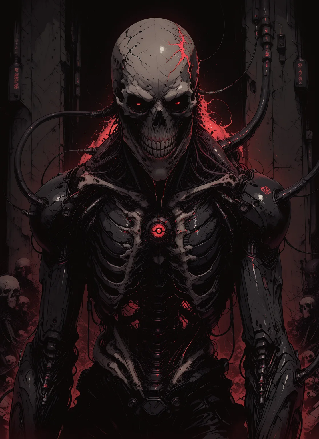 masterpiece, best quality, amazing quality, re4lity_sync_illu, Sinozick_illu, LeIsT0_illu, mech_horror_entity,

mech_horror_entity, biomechanical body, cybernetic skeleton, glowing red core, exposed wiring, black armor, horror sci-fi, skull face
