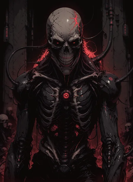 masterpiece, best quality, amazing quality, re4lity_sync_illu, Sinozick_illu, LeIsT0_illu, mech_horror_entity,
mech_horror_entity, biomechanical body, cybernetic skeleton, glowing red core, exposed wiring, black armor, horror sci-fi, skull face