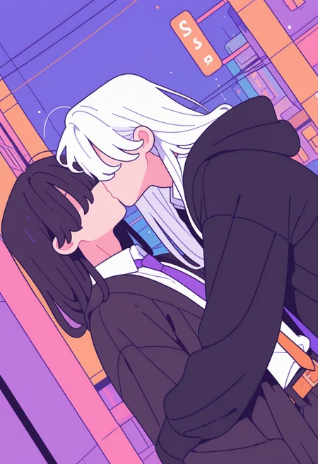 black hoodie, white shirt, button up, necktie, detailed  background, city street, hair over eyes, kiss, 2boys, yaoi, male focus, bishounen, beautiful boy, long hair, white hair, belt, white hair, black hair, from side, dynamic angle, Flatline, Flat vector illustration, Black outline, Vivid colors  <lora:NJ_Vector_Style:1>
