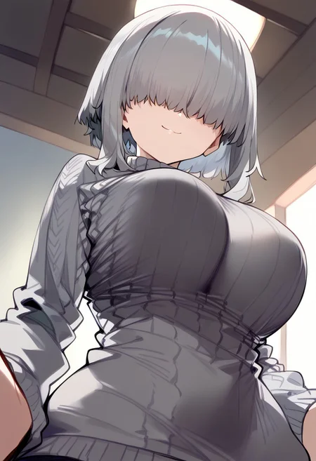 score_9, score_7_up BREAK by baffu, 1girl, ynguzk, medium breasts, (covered eyes:1.4), eye covering bangs, short hair with long locks, grey hair, grey sweater, (knitted sweater:1.2), sexy, cute, small smile, seductive, lap pov, lap pillow, from below, ceiling, looking down, pov, back lighting,