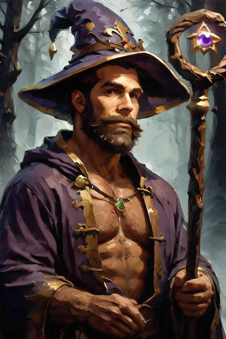 score_9, score_8_up, score_7_up, 1boy, solo, male focus, mature male, wizard, long hair, brown hair, black eyes, looking at viewer, hat, facial hair, beard, mustache, staff, wizard hat, purple hat, robe, purple robe, cloak, holding, holding staff, upper body, standong, outdoors,  forest, nature, tree, fog, dark background <lora:Palette Knife Painting Style LoRA_Pony XL v6:1>