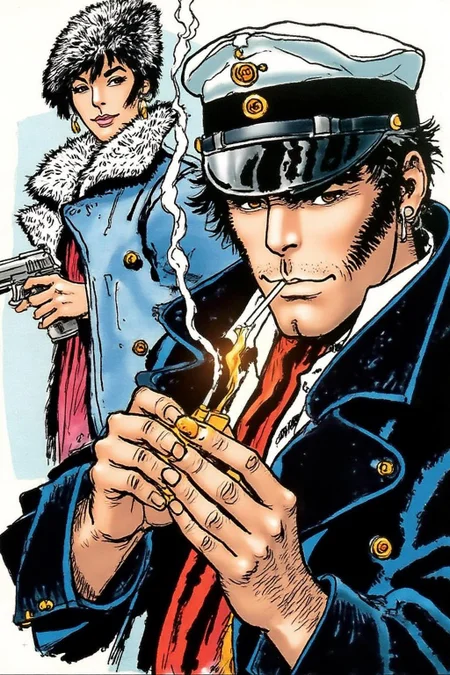hugop1 illustration.
illustration in a comic book style, The primary figure is a man with piercing eyes and a stern expression. He has dark, unkempt hair, wears a single earring and a military-style sailor cap. He is lighting up a cigarette with a burning match. In the background there is an Asian woman wearing winter coat and fur hat. She is holding a gun in her hand. <lora:hugop1_cap_d6a3e12:1.0><lora:824364658594029187:0>