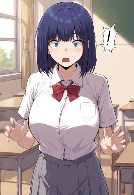 score_9, score_8_up, score_7_up, score_6_up, source_anime, rating_explicit, 1girl, (solo:1.1), huge breasts,<lora:Na Min-jeong prefectPonyxl:0.9> blue eyes, medium hair, blue hair, white shirt, school uniform, collared shirt, short sleeves, grey skirt, pleated skirt, surprised, classroom, indoors, looking at viewer