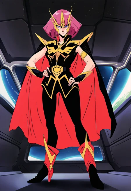 score_9, score_8_up, score_7_up, score_6_up, source_anime, <lora:HamanKarn:0.7>, HamanKarnZZ, pink hair, short hair, blue eyes, empty eyes, blunt bangs, 
mask, shoulder armor, uniform, sleeveless, cape, armlet, bridal gauntlets, black leggings, belt, red high heel boots,
hand on own hip, looking at viewer, outstretched arm, 
BREAK, space, indoors,