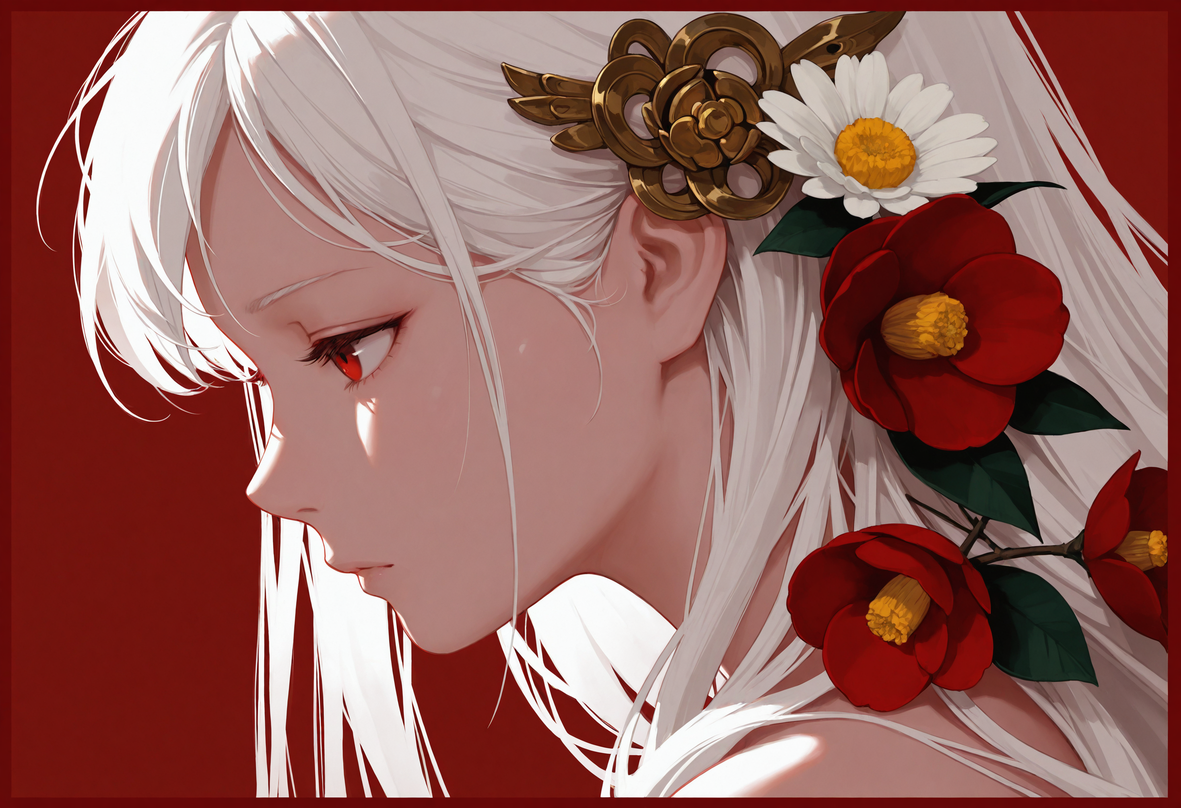 masterpiece, best quality, absurdres, very aesthetic, highres, very awa,
[realistic::0.25],
1girl, bangs, camellia, daisy, flower, from_side, profile, red_background, red_border, red_eyes, red_theme, flowing hair, white_flower, white_hair, purism, hair ornament, simple background,