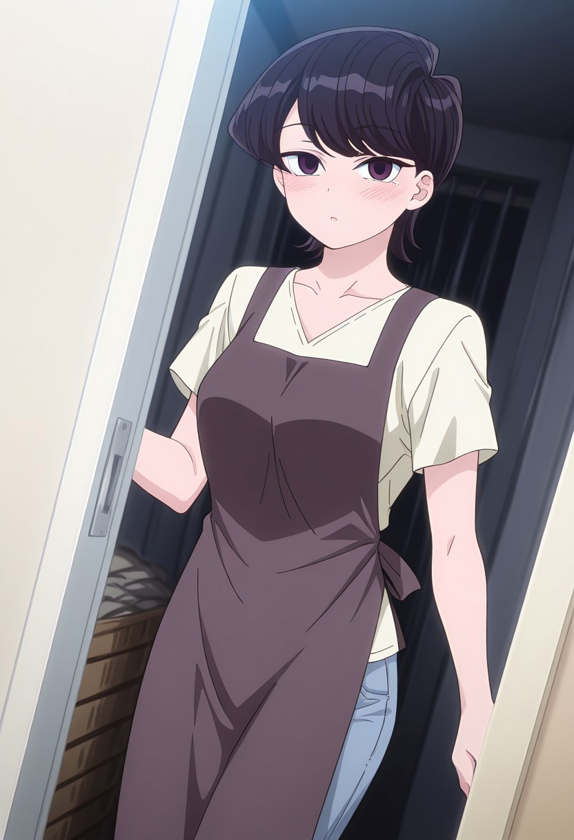 Rating 9, Rating 8, Rating 7, Rating 6, Rating 5, Rating 4, Masterpiece, Superior Quality, Amazing Quality, Masterpiece, Highest Quality, Ultra-detailed, Dynamic Angle, Dynamic Composition, Alone, white frame, maximum contrast, saturated color, bright colors, dynamic lighting,
1 girl, medium shot,vibrant colors, high contrast,
komishuukocnn, 1girl,black hair, short hair, bangs, purple eyes,mature female,
shirt, jeans, short sleeves,
wearing a dark gray apron, inside a laundry room, pile of dirty clothes in the background, she is standing, looking at the viewer, blushing, sensual eyes,