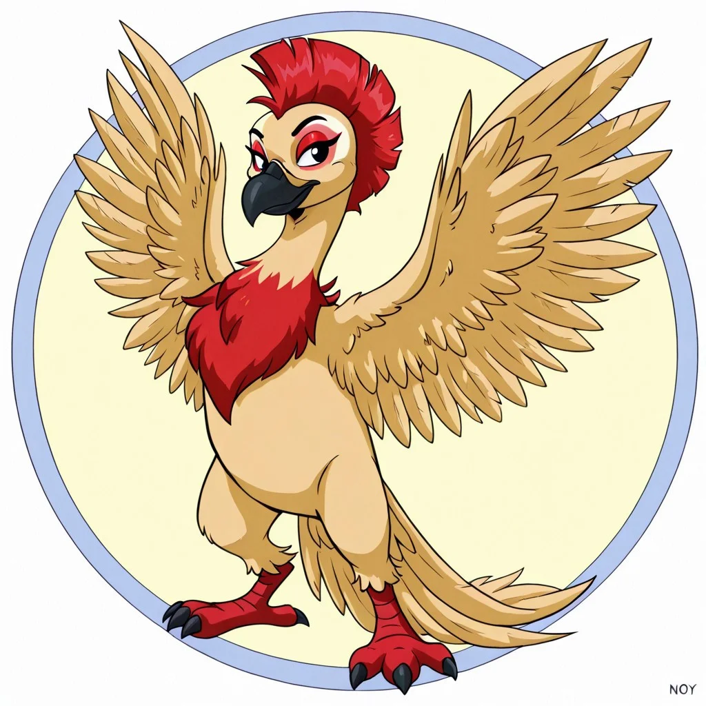 Neopets, circle background, solo, cartoony
brown with a white head vulture in the style of neopets, no ears, black beak, big red mohawk, red tail, red eyeshadow, red wing tips