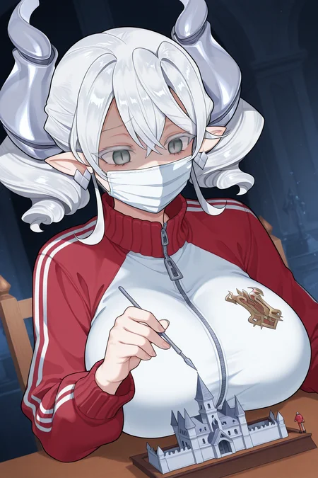 1girl, LovelyLabrynthOfTheSilverCastleYu-Gi-Oh, 
general, solo, dutch angle, upper body,
grey eyes, colored eyelashes, looking at object,
sitting, shaded face,
surgical mask,
jersey, red jacket, 
modeling, model building,
huge breasts,
in the castle, table,
<lora:kp_LovelyLabrynthOfTheSilverCastleYu-Gi-OhIllustrious_v1_0:1.0>,
masterpiece, best quality, amazing quality