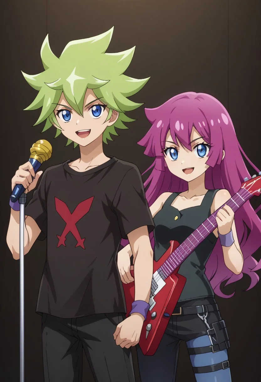 score_9, score_8_up, score_7_up, source_anime, highly detailed, 1boy, 1girl,
rominkassidy, 1girl, blue eyes, long hair, purple hair, instrument, holding,
smile, looking at viewer, shirt, guitar, black shirt,
bangs, collarbone, pants, BREAK
roa, 1boy, male focus, microphone, green hair, open mouth, smile, microphone stand, spiked hair, blue eyes, purple eyes, clenched hand, wristband, shirt, hair between eyes BREAK
indoor, stage, upper body