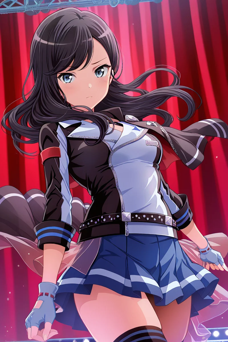 masterpiece, best quality, amazing quality,
 <lora:Koharu_IL:1> koharu, 1girl, skirt, thighhighs, solo, blue skirt, long hair, jacket, blue eyes, black hair, gloves, fingerless gloves, looking at viewer, black jacket, miniskirt, pleated skirt, swept bangs, belt, black thighhighs, bangs, floating hair, stage outfit, red curtains