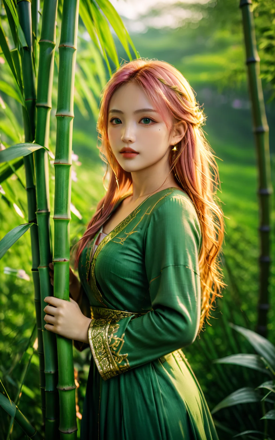 upper_body,<lora:yuukananri-base-02-XL:0.7>,yuukananri,long pink hair,happy,green eyes,wearing an elegant green long dress,holding a piece of bamboo in her hands,standing in a lush bamboo forest surrounded by vibrant flowers and greenery,realistic photography style,cinematic photo peering through the trees with depth of field blurring effect,natural light,35mm photograph,film,professional,4k,highly detailed,Golden hour lighting,Depth of field F2,Rule of Thirds Composition,Cinematic Lighting,(masterpiece:2),(best quality:1.1),<lora:detailed_notrigger:1>,<lora:xl_more_art-full_v1:0.8>,