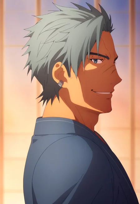 score_9, <lora:Bercouli_Synthesis_One:1> bercouli synthesis one, 1boy, anime coloring, bercouli synthesis one, earrings, facial hair, from side, grey hair, looking at viewer, male focus, meme, parody, scar, smile, solo, stubble