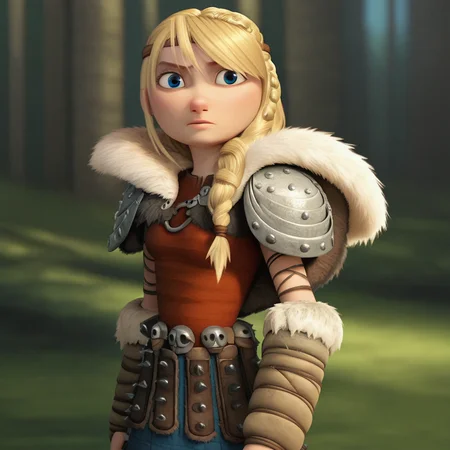 score_8_up, BREAK, ASTRIDHOFFERSON, 1girl, solo, blonde hair, braid, Long hair, blue eyes, fur trim, shoulder armor, armor, pauldron, cowboy shot, depth of field, <lora:AstridHofferson_HTTYD2_PXL_Leaf1:1>, forest,