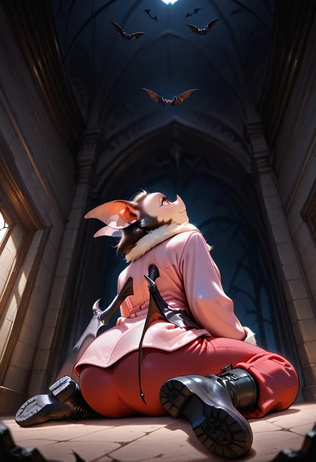 lazympos, AnthroBat,
1girl, bat wings, bat ears, pink coat, red trousers, black boots, wariza, looking up, from below