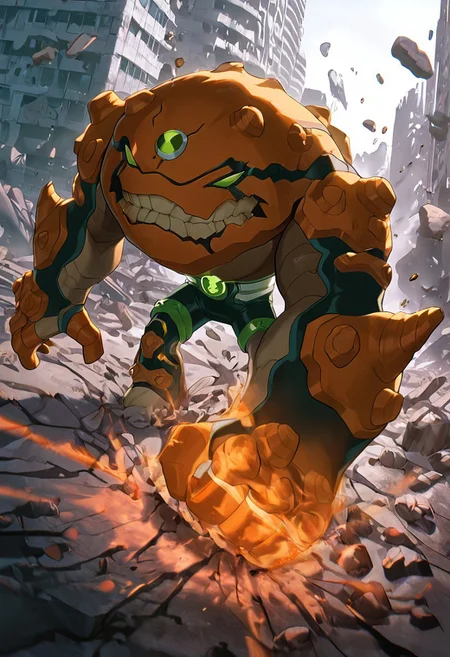 masterpiece, best quality, amazing quality, very aesthetic, absurdres, newest,, detailed background, 
gravitack, crooked teeth, 1boy, armor, monster, green eyes, solo, massive arms, big hands,
destroyed city, punching ground, broken ground, floating rocks,